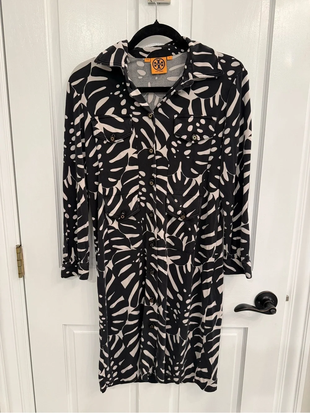 Tory Burch Black and Cream Long Sleeve Printed Shirt Dress, Silk, Size S